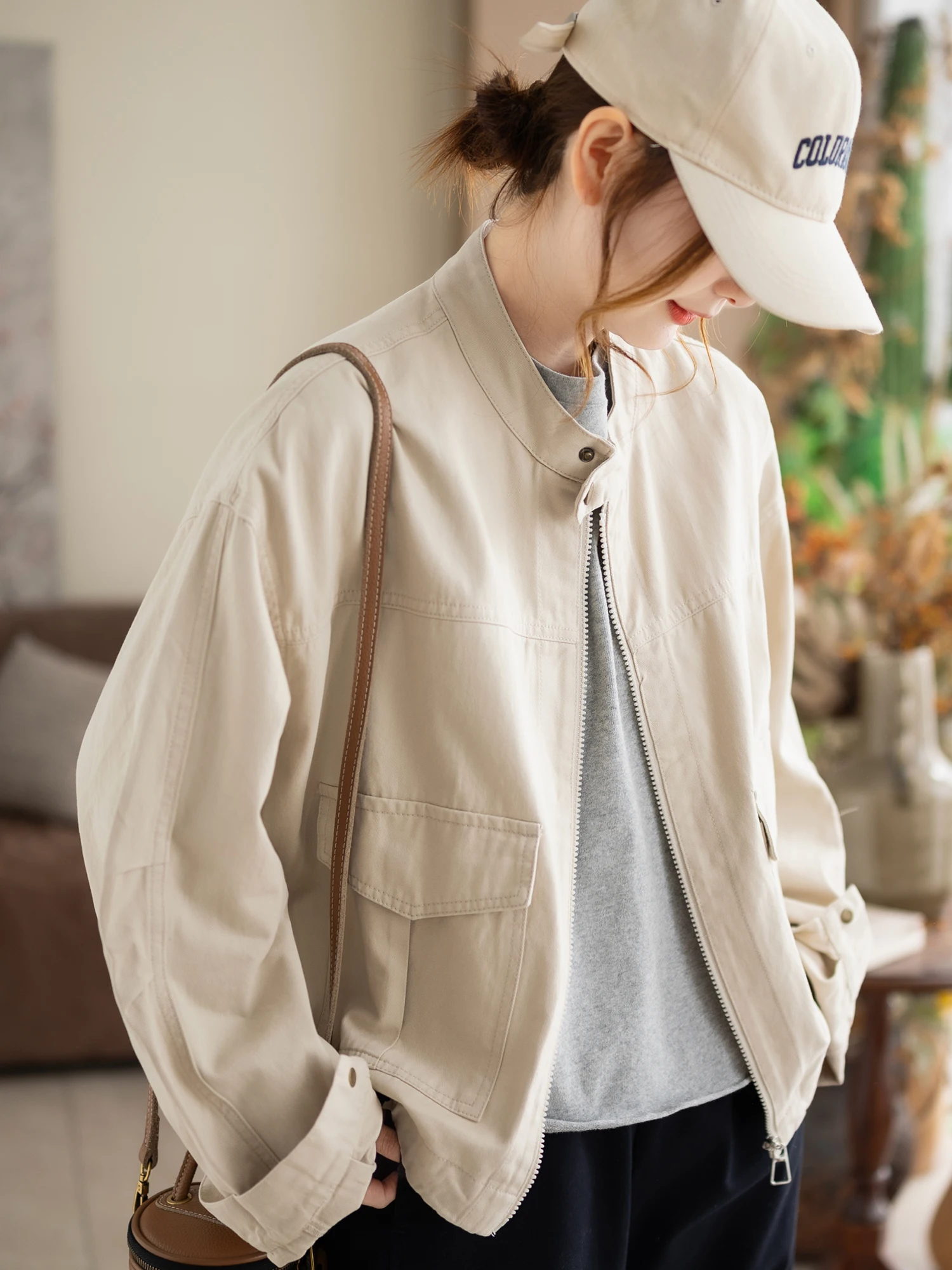 

Cotton ort Jaet Women's Commute Faionable Pure Color Retro Top Zipper ket oulder Relax Sle Casual Outerwear