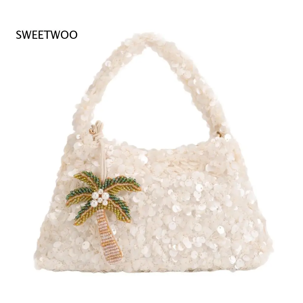 

Sequin Embellished Mini Tote Bag with Beaded Palm Tree Charm for Beach Vacation and Summer Evening Events 2026