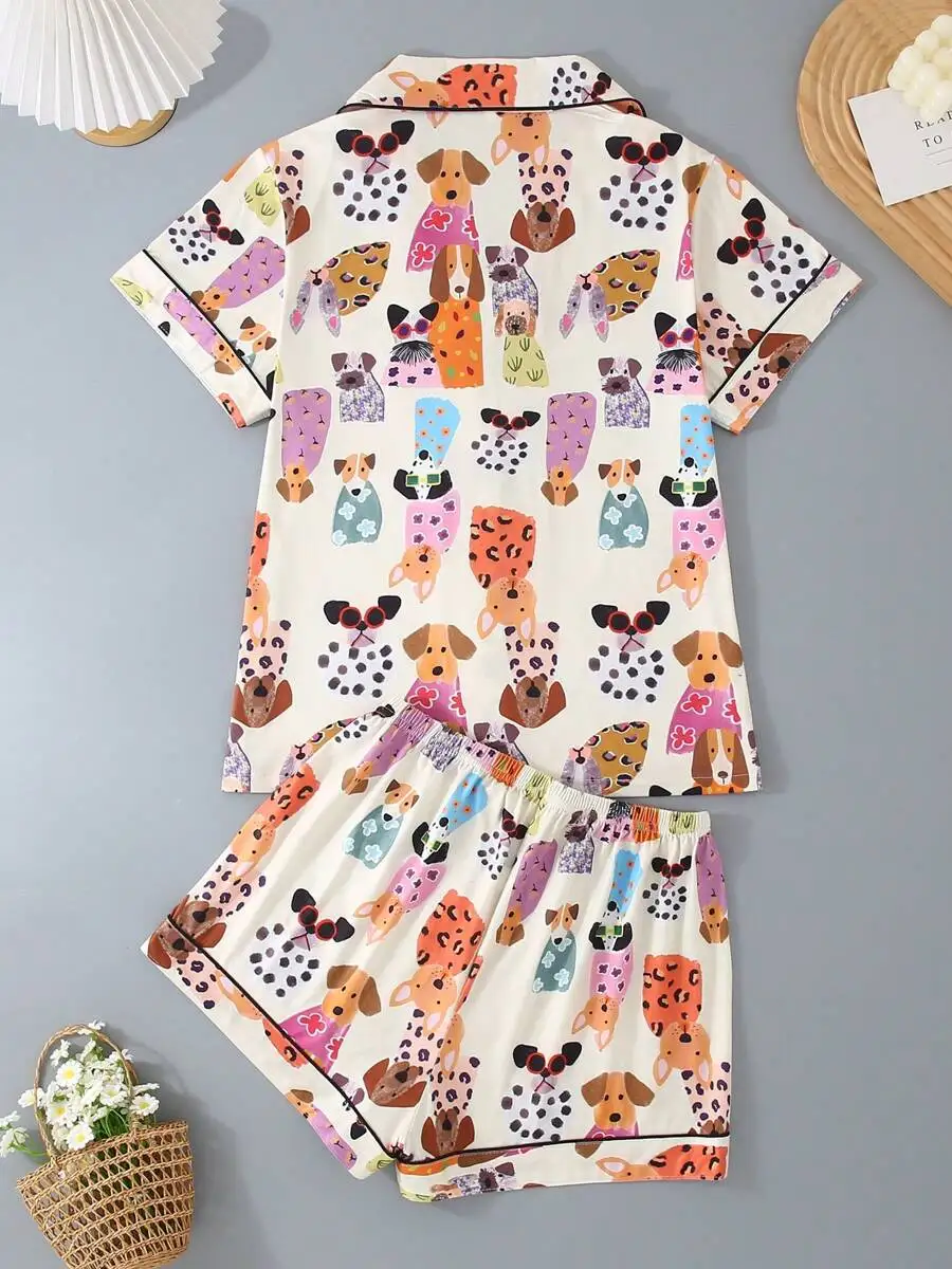 Women 2pcs Short Sleeve Sleepwear Set With Cartoon Dog Print Collar Button Down Shirt And Shorts