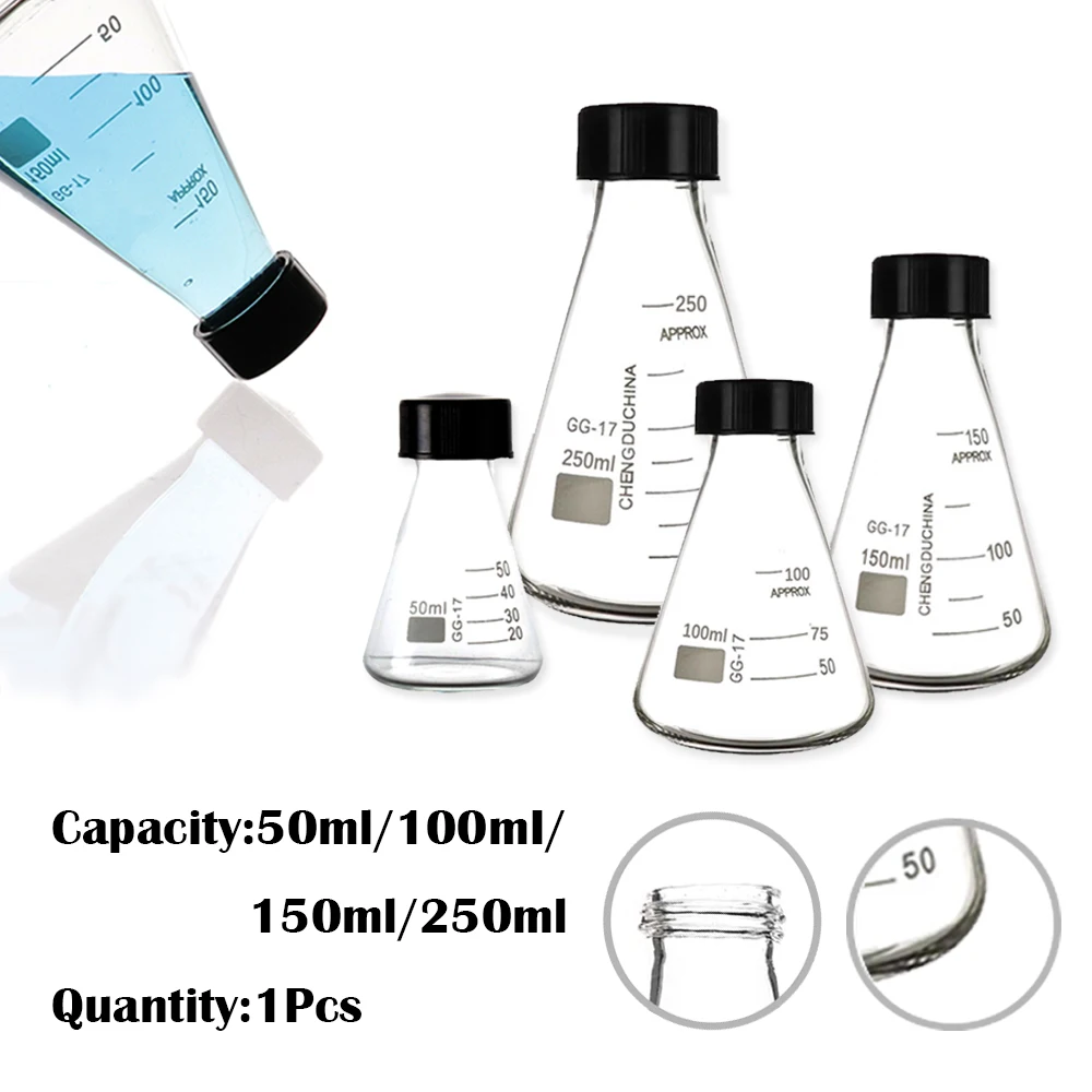 50-250ml Borosilicate Glass Erlenmeyer Flask with Black Screw Cap, Lab Conical Triangle Flask for Chemistry Experiment