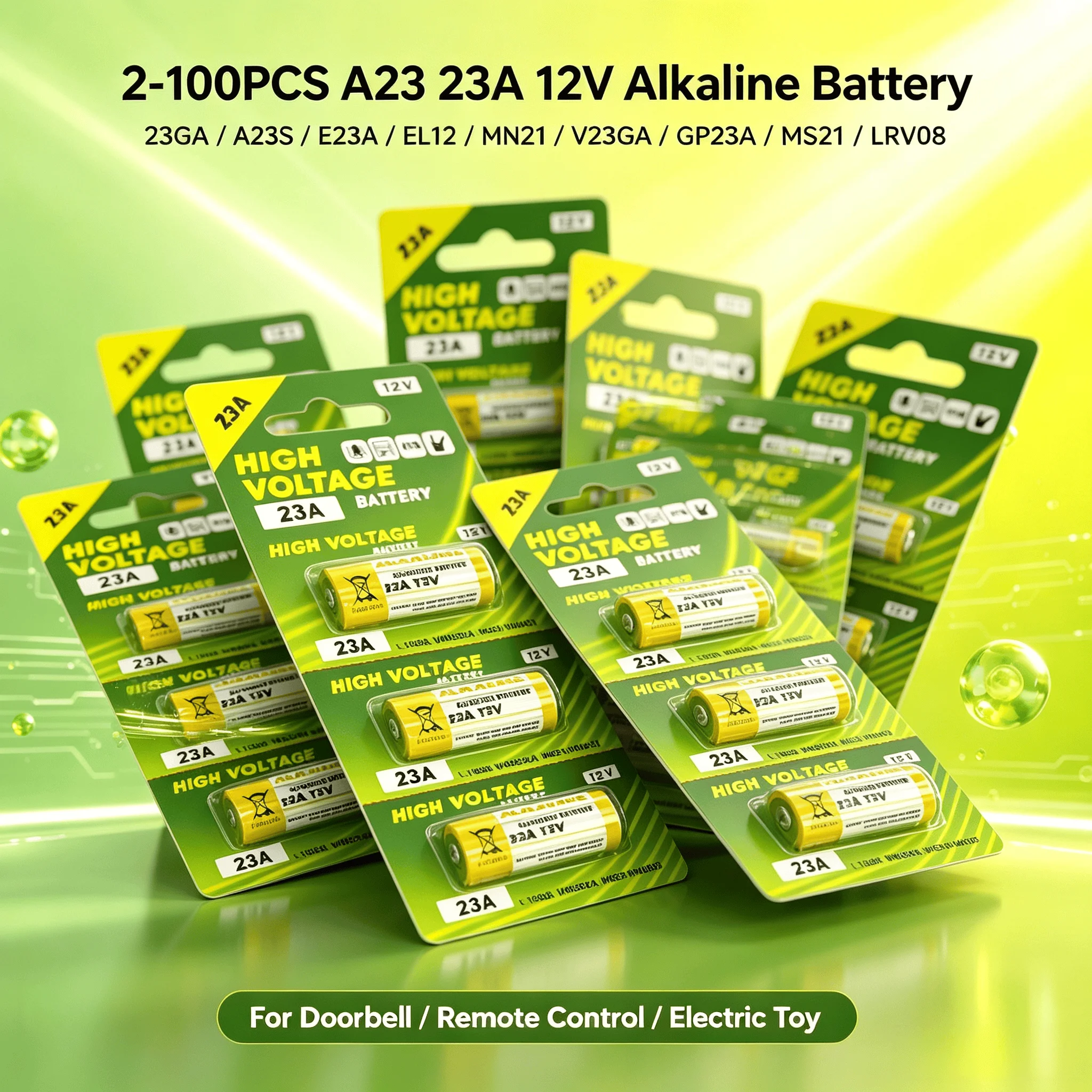2-100PCS A23 23A 12V Alkaline Battery 23GA A23S E23A EL12 MN21 V23GA GP23A MS21 LRV08 For Doorbell Remote Control Electric Toy