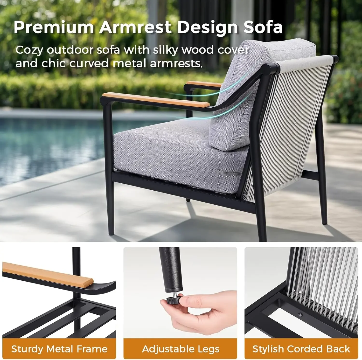[New Arrival!]4 Pieces Outdoor Sofa Conversation Set, 4 Seats Couch Set with Table, Metal Frame Rope Weaving Design UV Resistanc