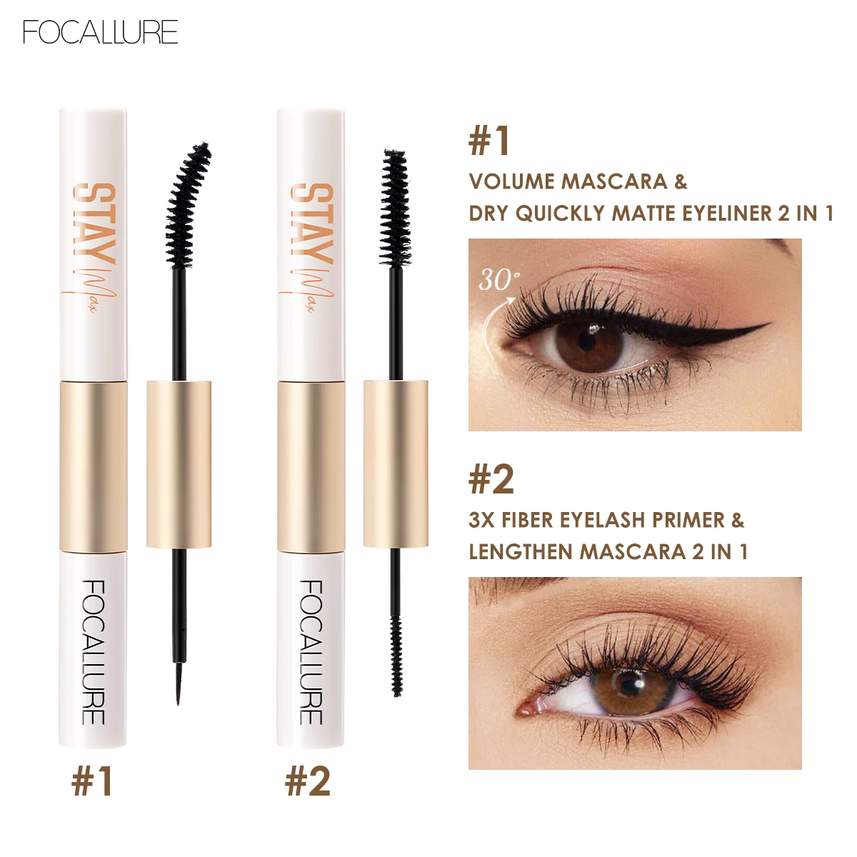 Focal lure 2 in 1 Mascara Faser Primer Wimpern verlängern natürliche Wimpern Make-up wasserdichte Double Use Eyeliner Mascara