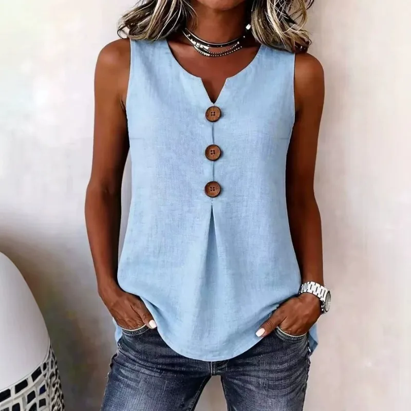 

Women's Sleeveless Linen Blend Top With Button Detail V Neck Casual Blouse