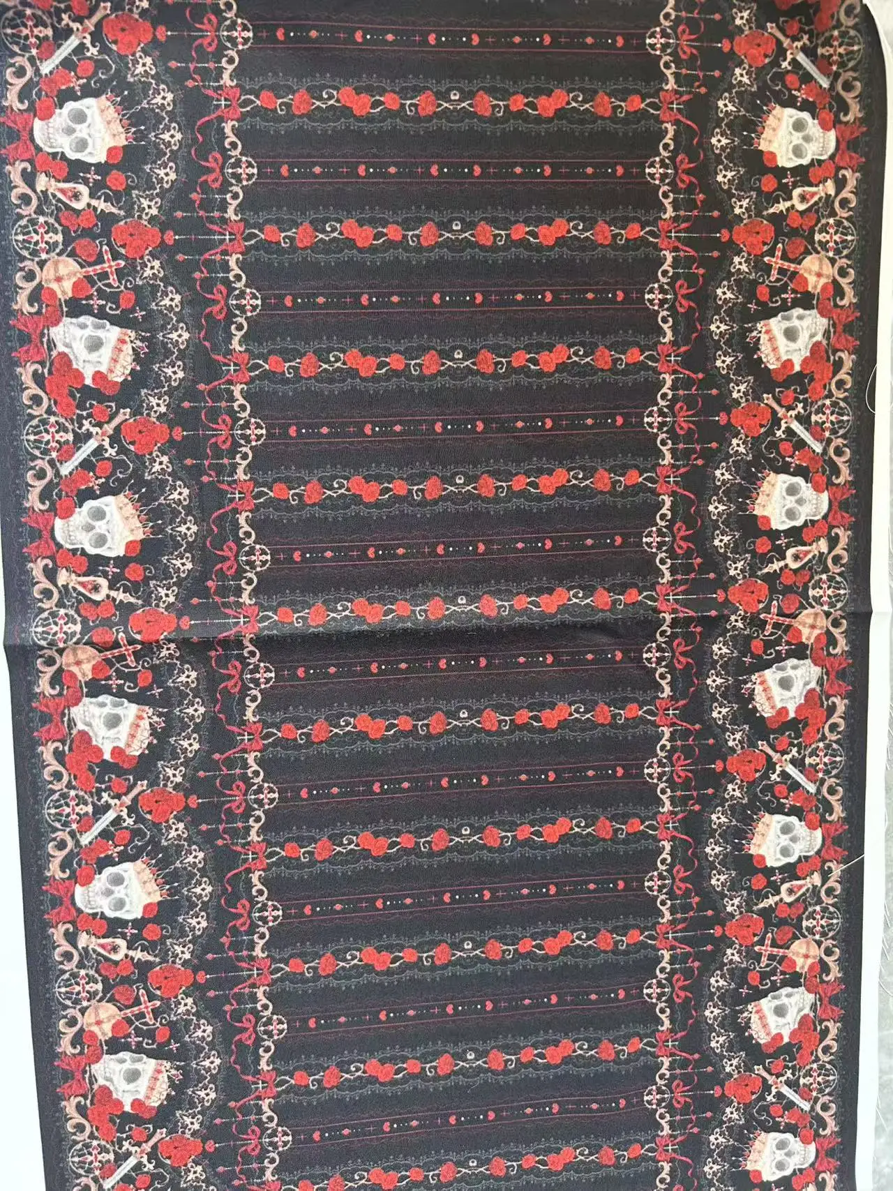 Gothic Lolita Skull Rose Crown Print Fabric, Black Red Polyester Cotton-Like Cloth 1meter