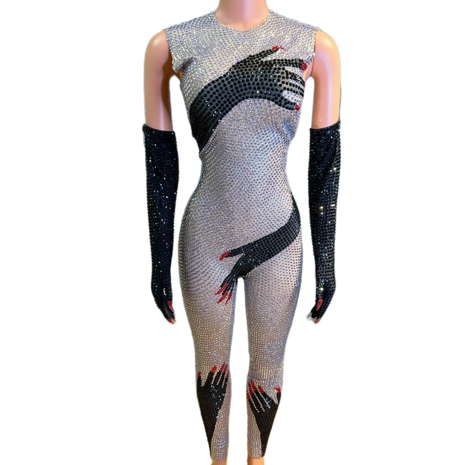 Funkelnde Strass steine sexy Hand muster Overall mit Handschuhen Geburtstag feiern Outfit Frauen tanzen Performance Kostüm Heishou