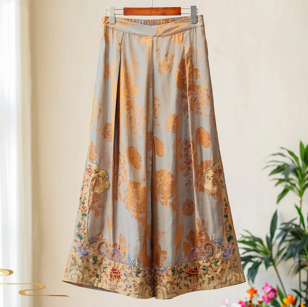 

Chinese style wide-legged Pants Golden yellow Jacquard embroidery STRAIGHT trousers Natural silk high quality Woman clothing