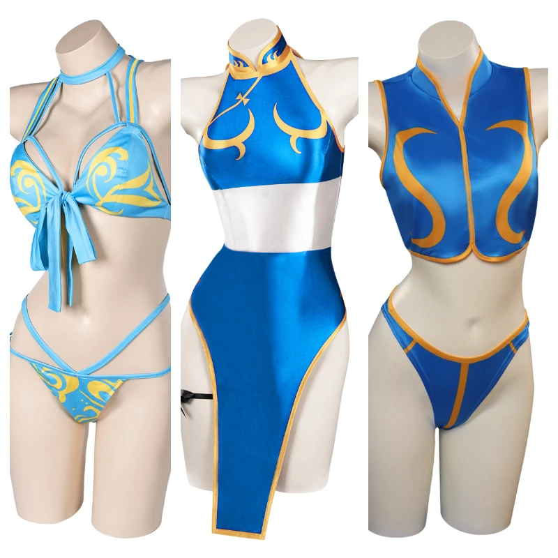 Chun Li Cosplay Costume Fighter Fantasy Women Girls Swimsuit Top Shorts Outfits Halloween Carnival Party Suit