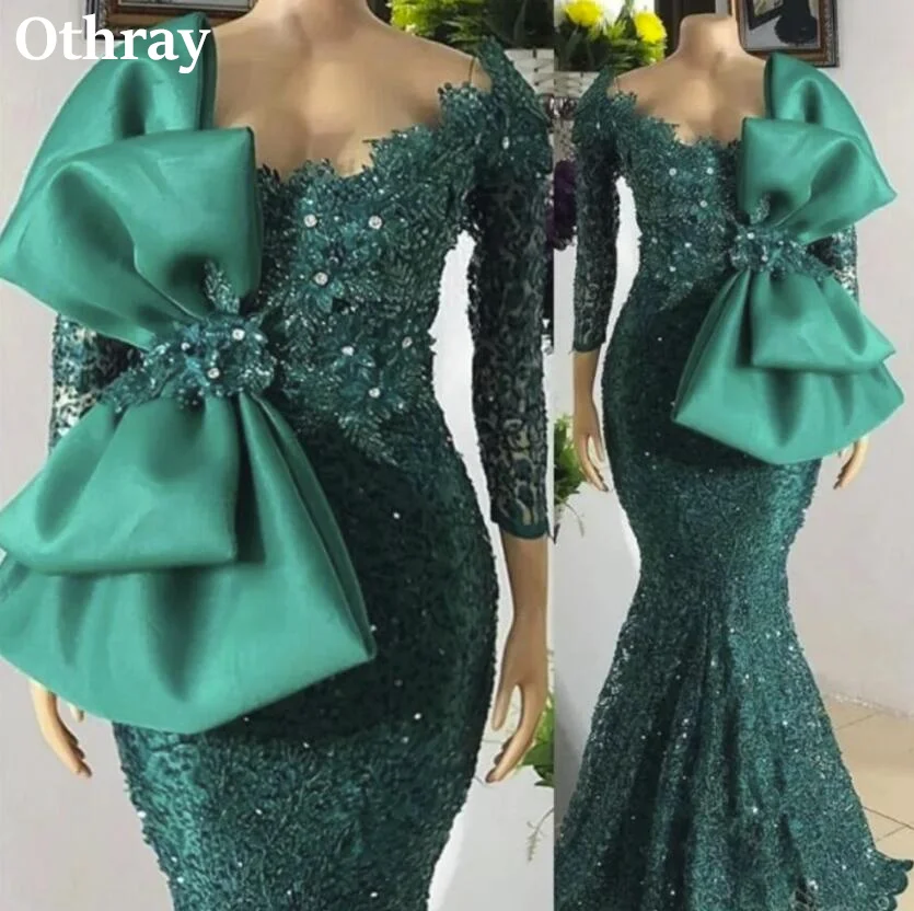 

Othray темно-зеленый арабский Aso Ebi, кружевное вечернее женское платье с круглым вырезом и длинным рукавом, Русалка, стандартное свадебное платье для выпускного вечера