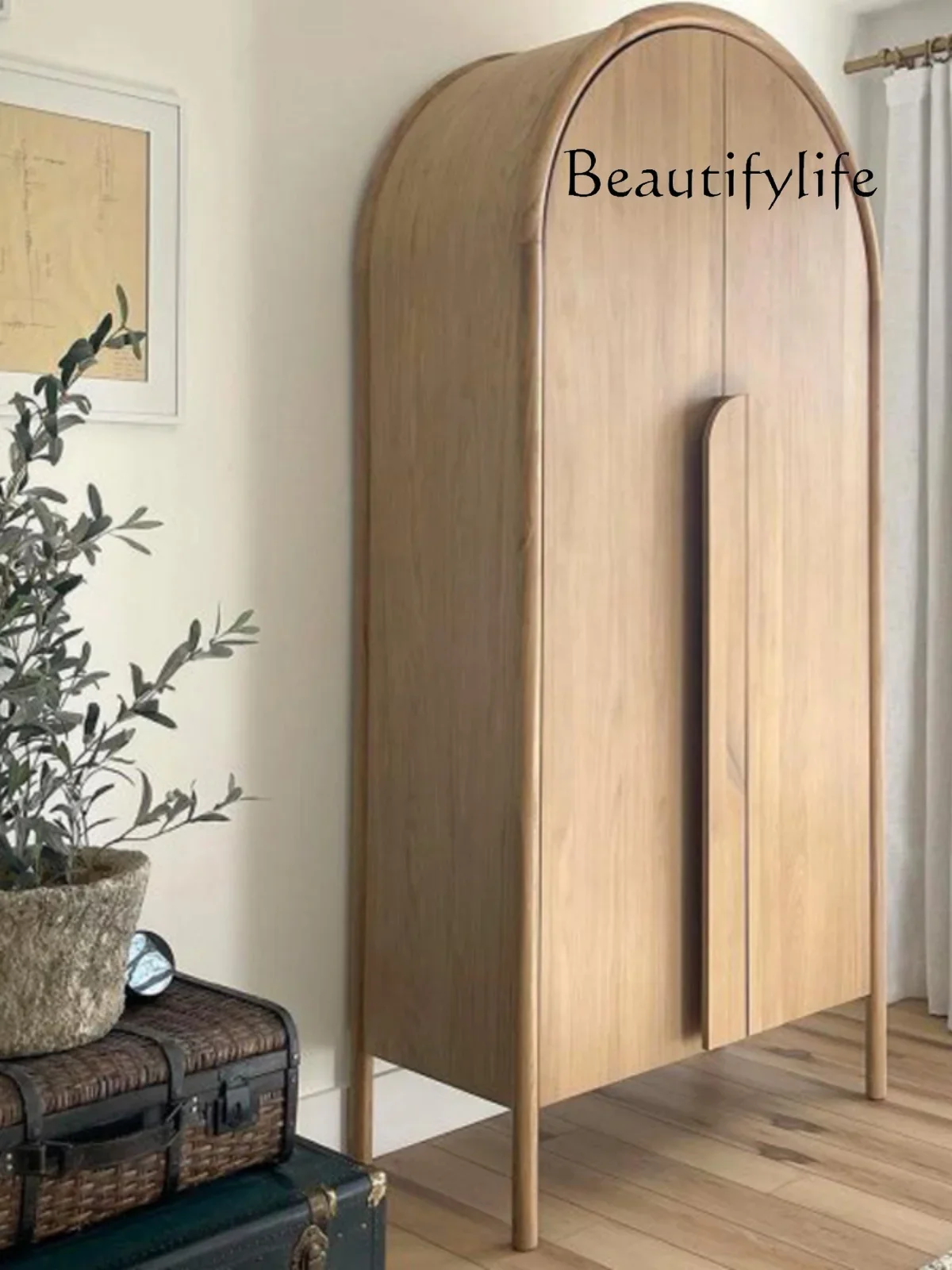 Nordic Simple Solid Wood Double-Door Closet Bedroom and Household Japanese Style Silent Wind Arch Simple Wardrobe