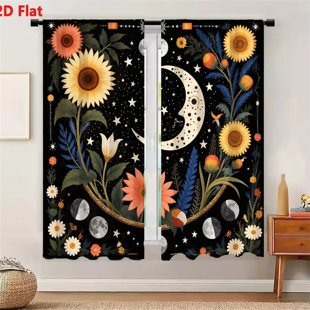 2Pcs Curtains 2D Flat Whimsical Illustrated Artwork: Stylized Crescent Moon with Face Stars Flowers Sunflowers Daisies Leaves Fe