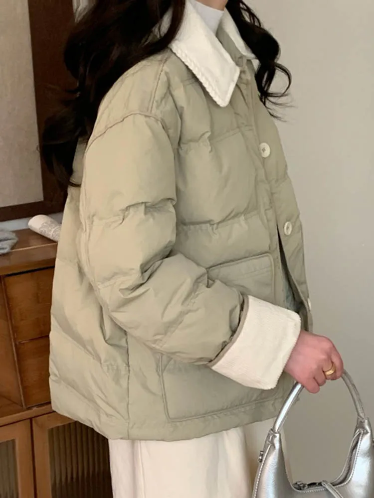 الكورية موضة رشاقته ملابس خارجية المرأة عادية التلبيب الرقبة القطن وسادات مبطنة شتاء دافئ واحدة الصدر فضفاض Chaquetas القمم
