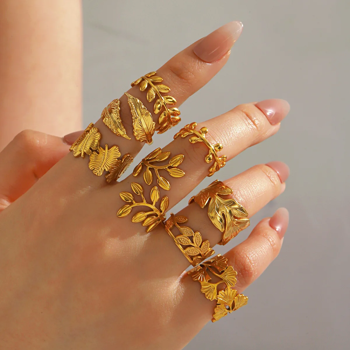 Vintage Gold Plated Ginkgo Leaf Ring Woman Jewelry Personalized Hip Hop Leaf Open Rings Кольцо Женское Эмаль