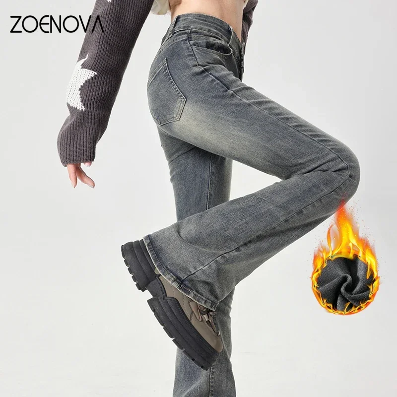 ZOENOVA Winter Fashion New Vintage Denim Flare Pants vita alta doppio bottone Street Style Jeans donna Casual Warm Y2k pantaloni