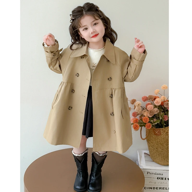 British Long Style Girls Trench Coat Spring Autumn New Solid Color Solid Color Lapel Windbreak For Kids Retro Jacket 2-8 Years