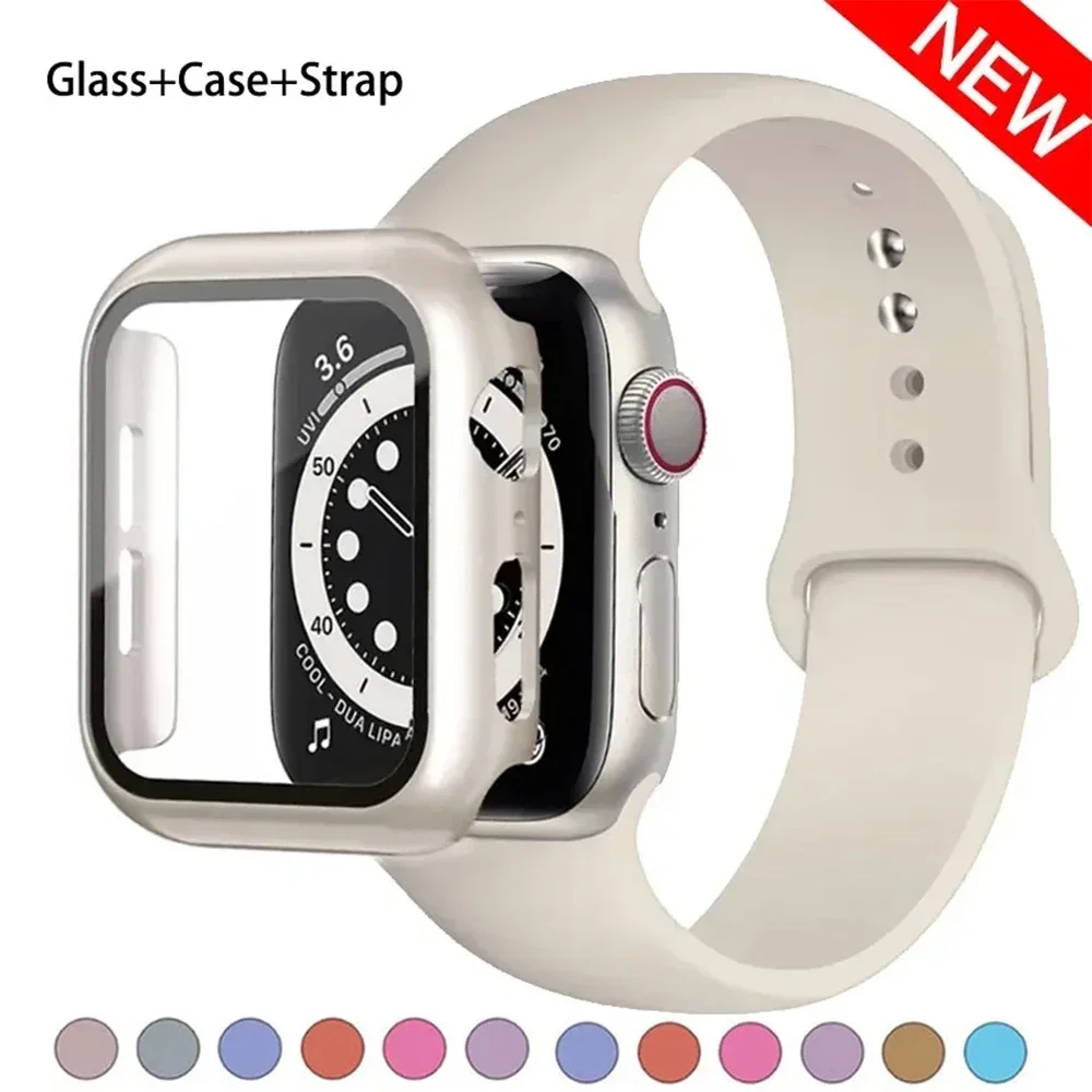 

Поп-стекло + чехол + ремешок для Apple Watch Band 44 мм 45 мм 42 мм 41 мм 40 мм 38 мм Силиконовый ремешок для часов Браслет IWatch Series 8 9 7 6 5 4 3