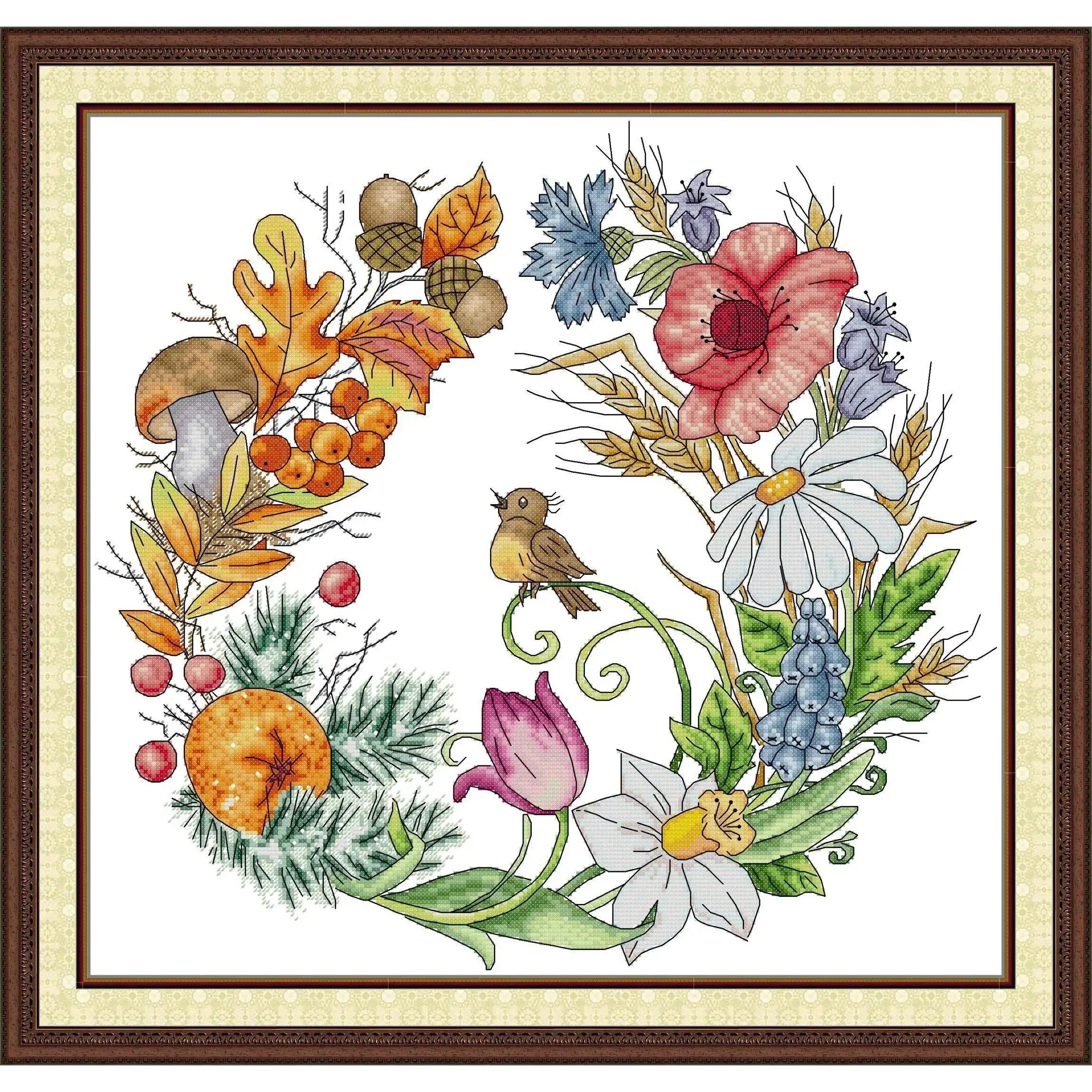 

Joy Sunday Pre-printed Cross Stitch Kit Easy Pattern Aida Stamped Fabric Embroidery Set-Wreaths of The Four Seasons