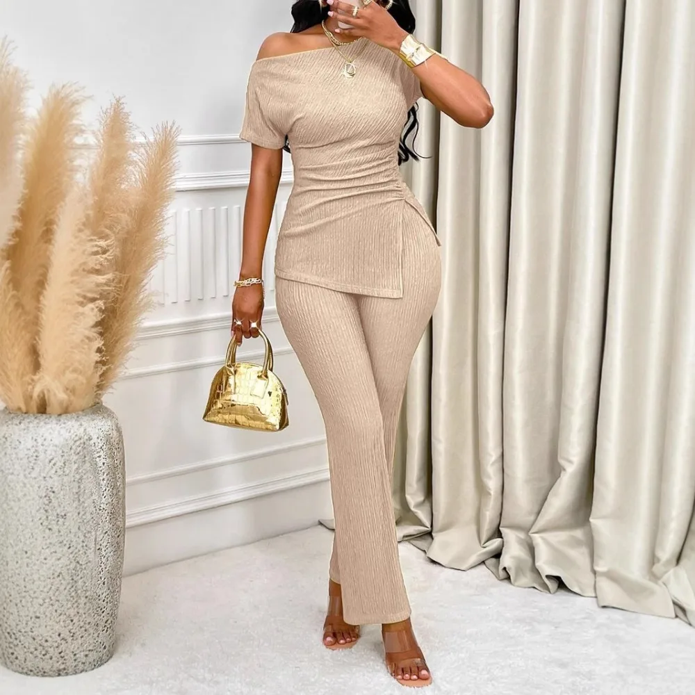 European American Women New Off Shoulder Slit Top And Pants 2 Piece Daily Wear Outfit