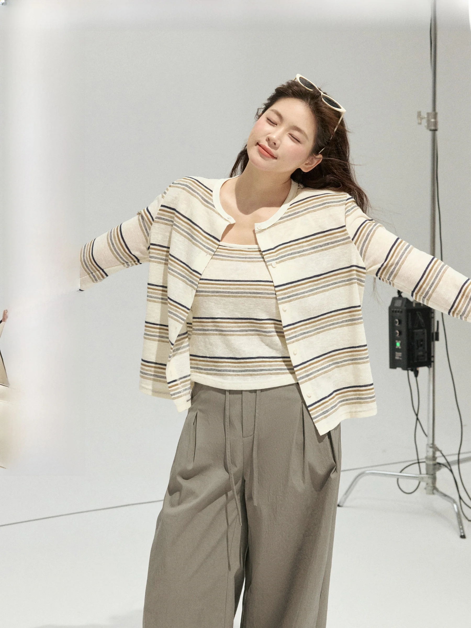 

Jululu Workop ort Open Cardigan Set for plus Size Women Inner Tank Top Striped Color Blo Sle Comfortable Cotton Blend