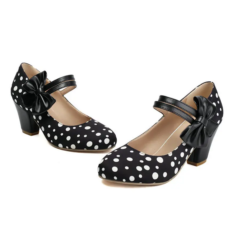Sweet Lolita Women Mary Jane Pumps Polka Dot Bow Decor Magic Tape Strap Block High Heels Daily Cosplay Party Fashion Footwear