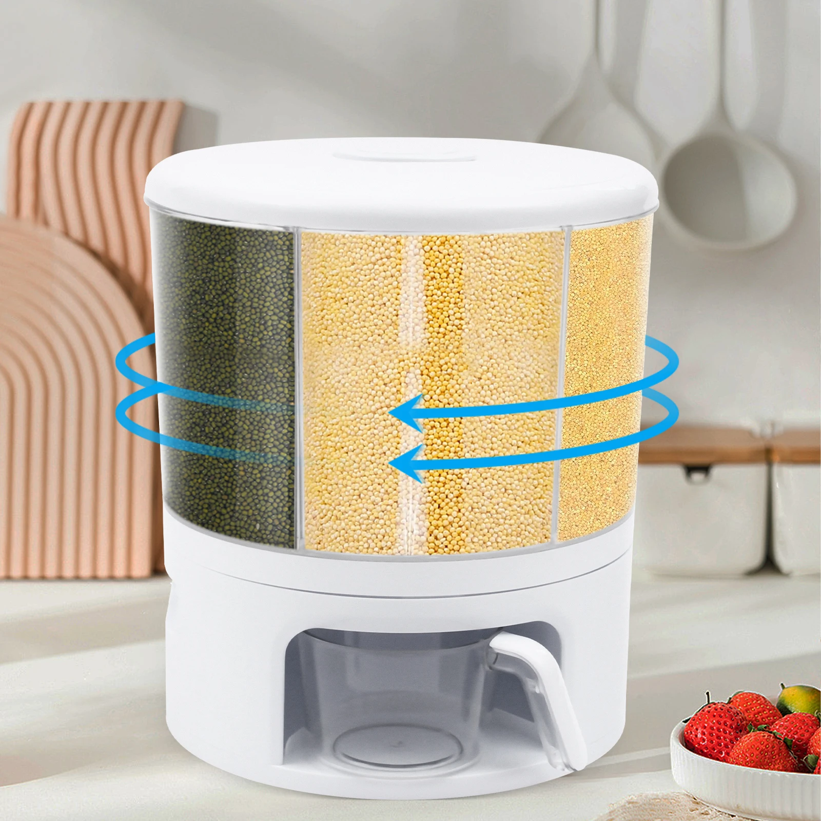 

6 Grids Rotating Rice And Grain Dispenser, 360° Rotating Grain Storage Container, Dry Food Grain Rice Container W/Lid, 24 lbs