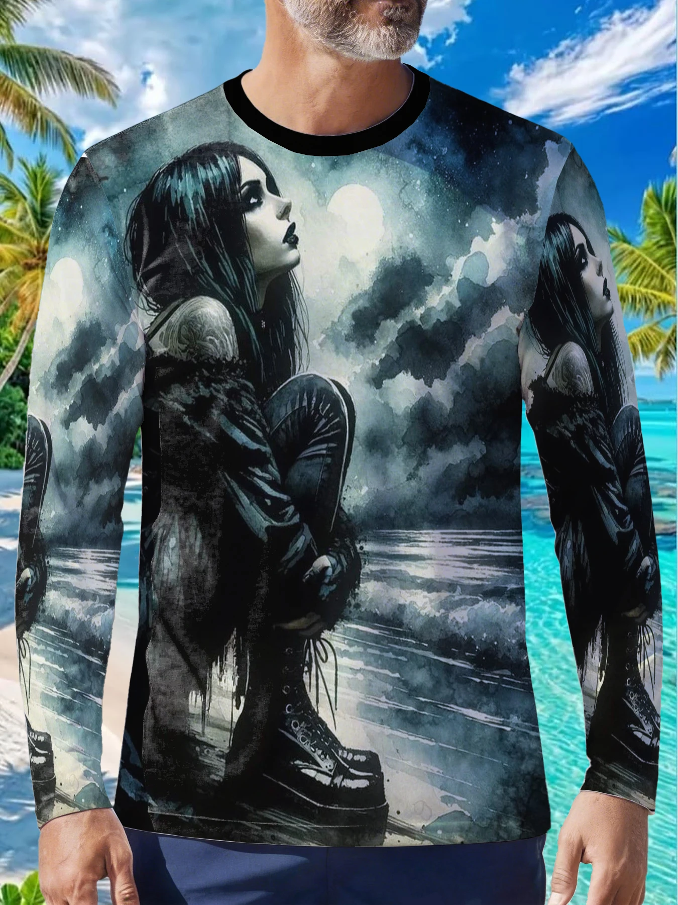 Gothic Dark Moon Night Ocean Clouds Scene Mens Polyester Long Sleeve T Shirt Gothic Girl Print Graphic Tee Casual Vintage Art Ha