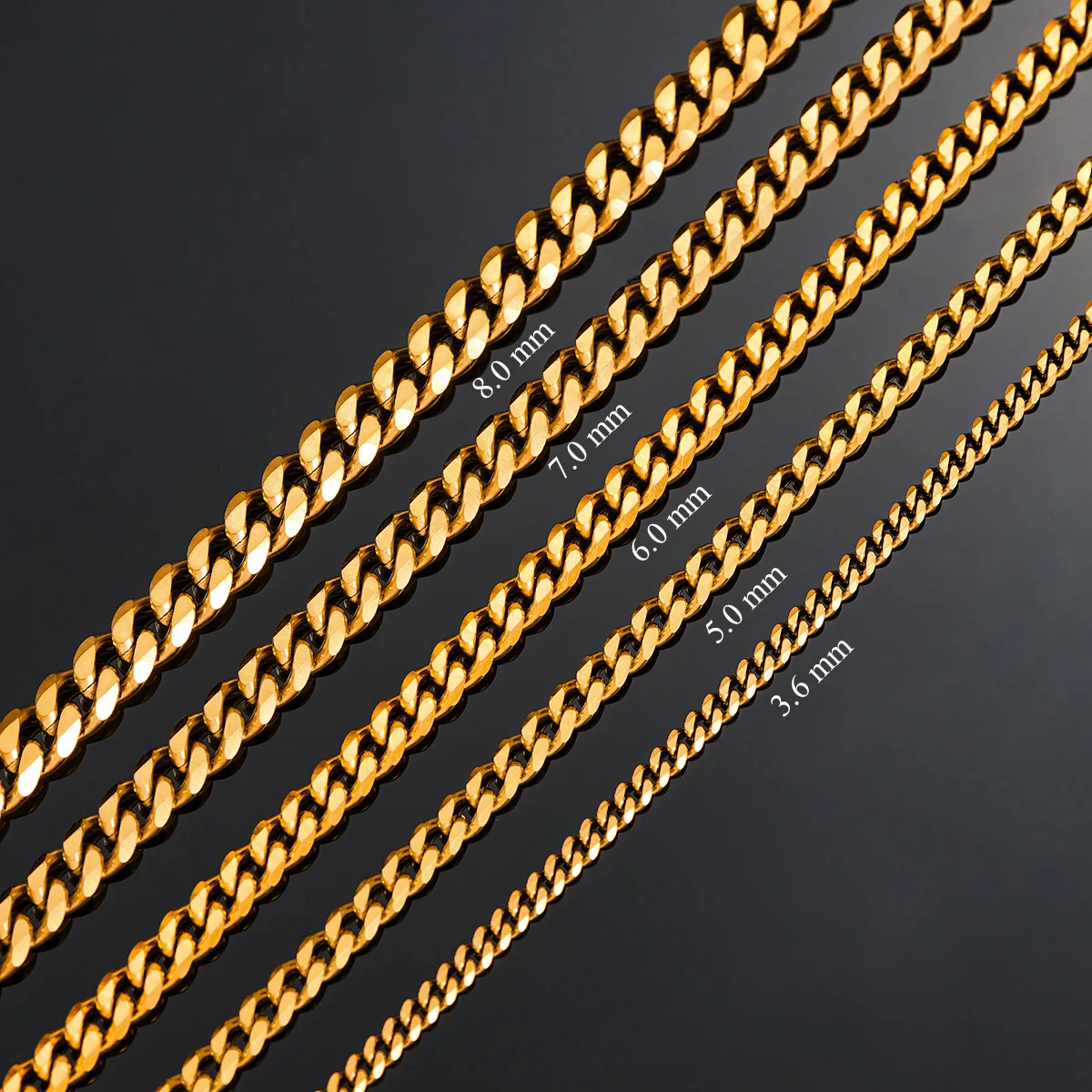 3.6mm/5mm/6mm/7mm/8mm Gold Color Stainless Steel Cuban Link Chains Classic Men Boy Curb Chunky Necklace 14 to 30 Inches