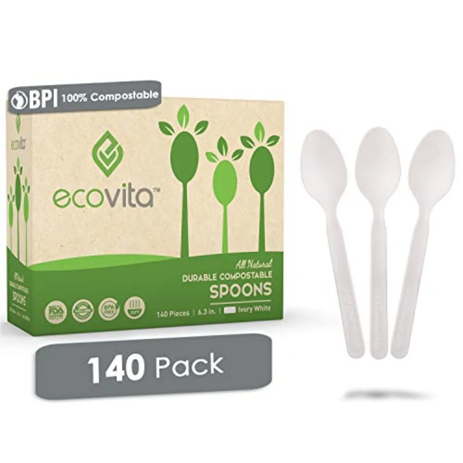 

Compostable Spoons - 140 Large Disposable Utensils 6.3 in. Eco Friendly Durable and Heat Resistant Alternative to Plastic Spoon