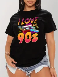 2024I Love 90 Printed Top T-shirt Summer Spring Women's Short sleeved Casual Top