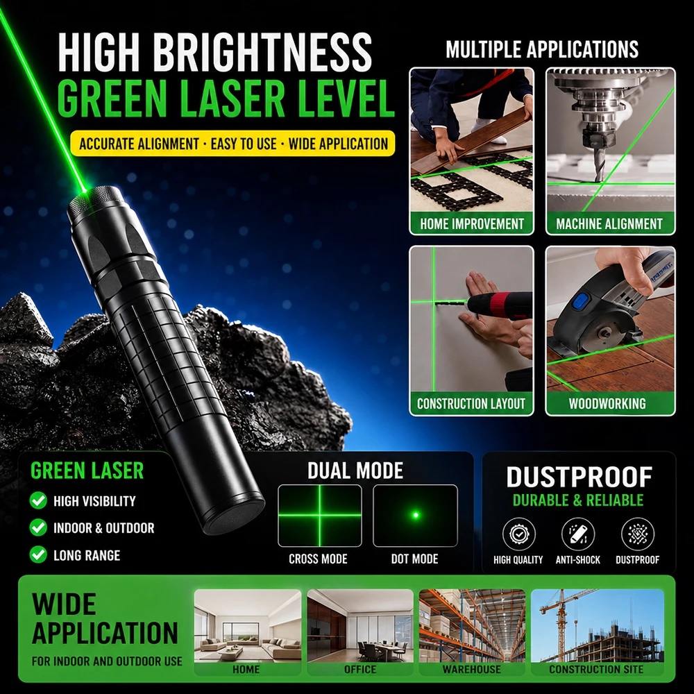 Portable Green Laser Pointer Level High Brightness Crosshair Indoor Outdoor Waterproof Dustproof for Construction Woodworking