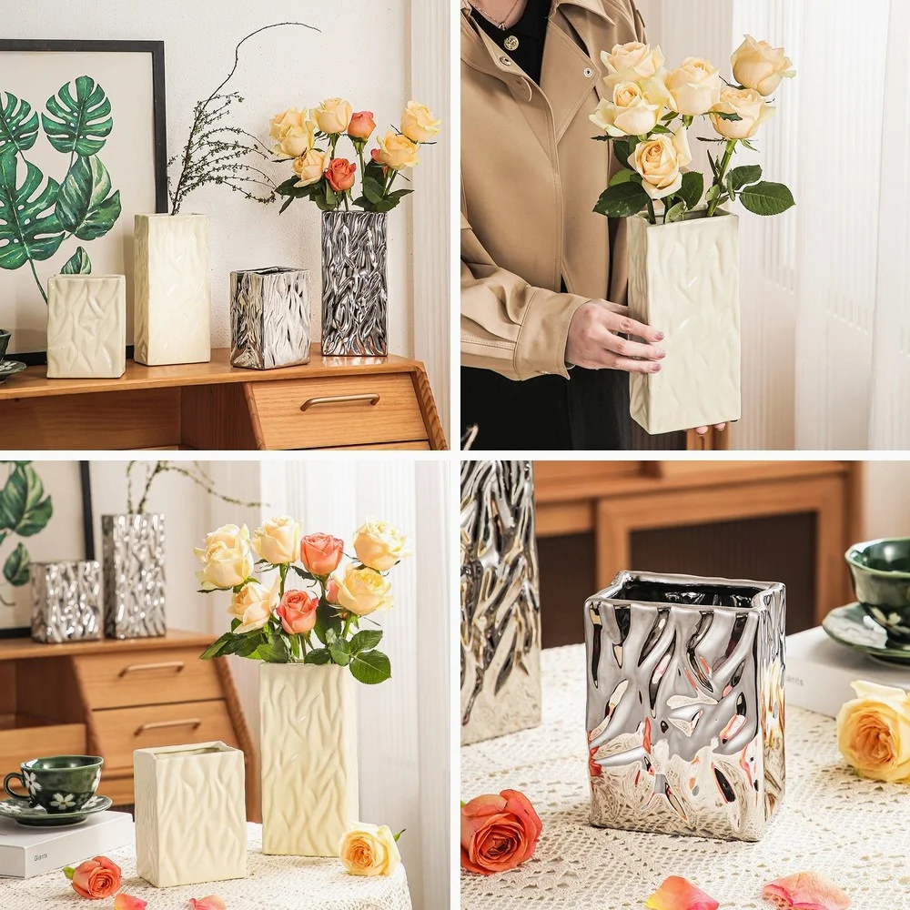 

Nordic Ceramic Vase for Dried Flowers, Creamy White Pleated Paper Bag Design, Minimalist Home Decor