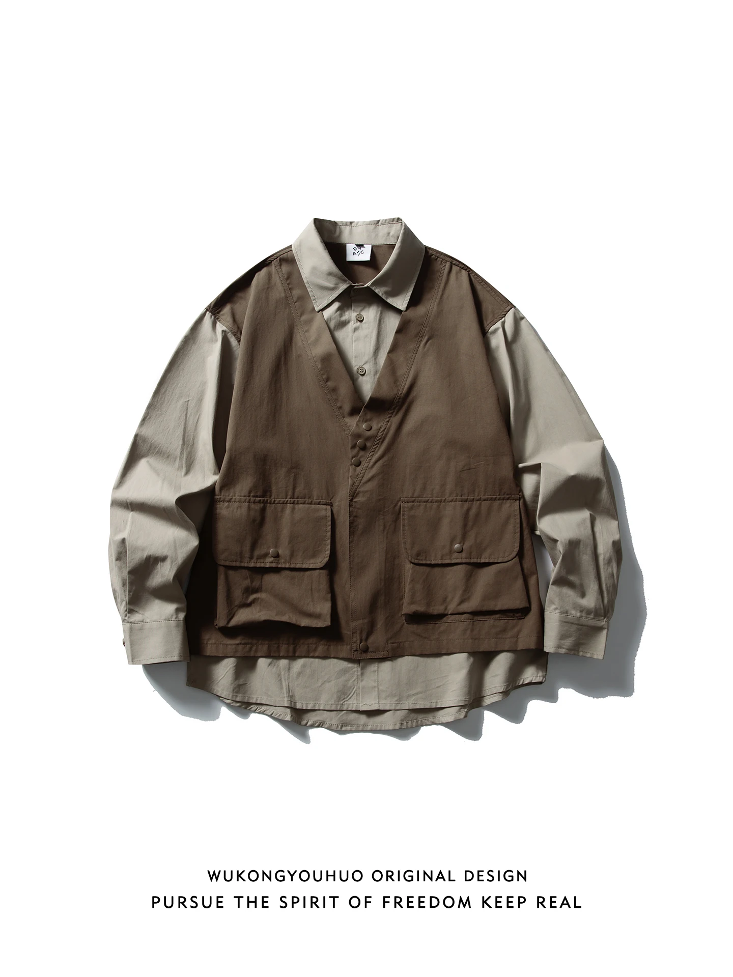 

Мужская свободная повседневная рубашка в стиле ретро-японской рабочей одежды, весна 2026, универсальная, с лоскутным узором, длинный рукав, хлопок