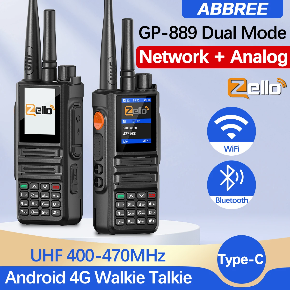 ABBREE GP-889 Dual Mode Network Radio Walkie Talkie ZELLO Global POC Bluetooth 4G Sim Card Android Two Way Radio Skiing Camping