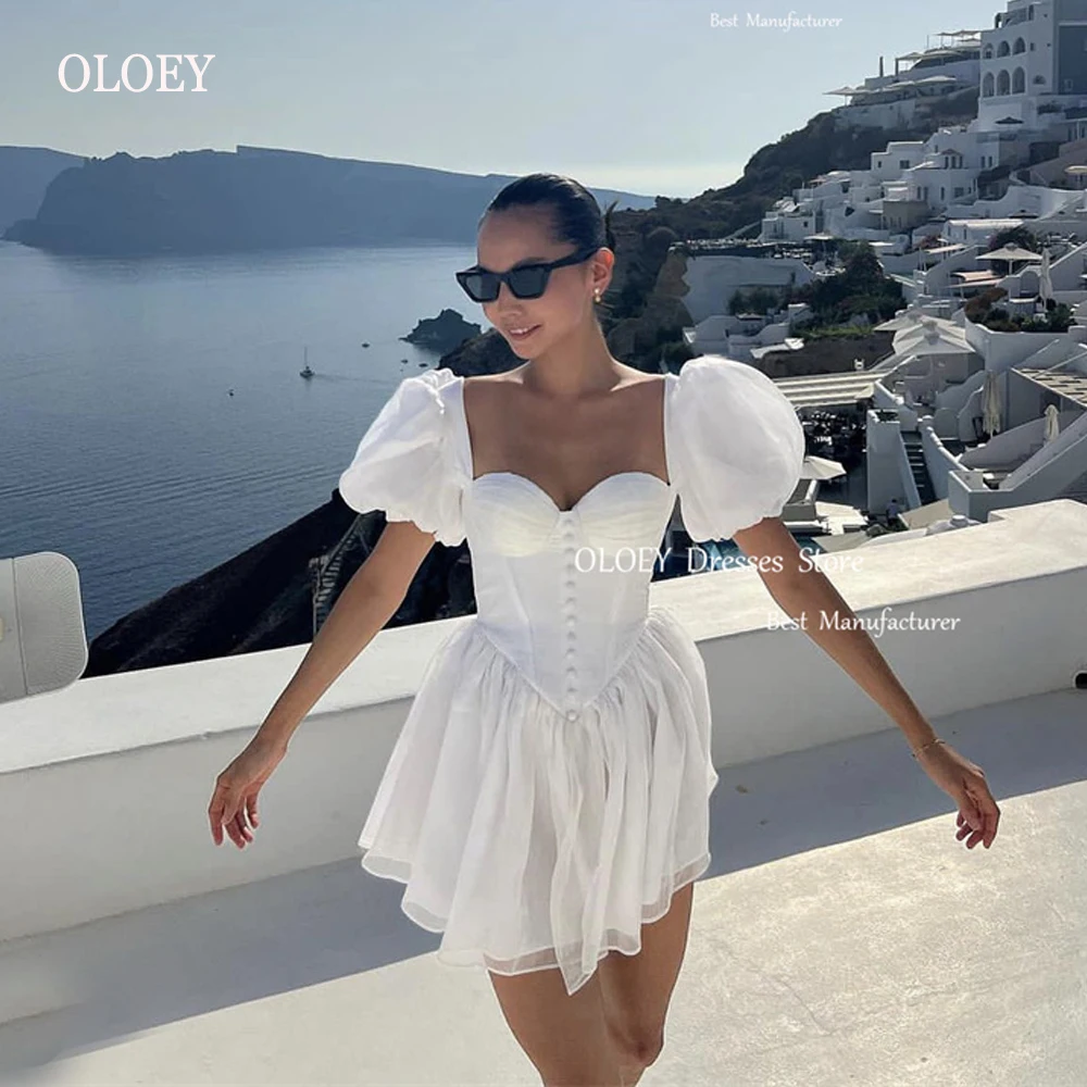 

OLOEY Sexy Off the Shoulder Short Wedding Party Dresses Silk Organza Buttons Mini Bride Gowns Beach White Party Cocktail Dress