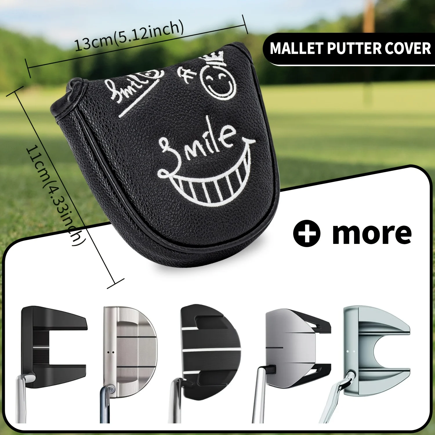 1pc Golf Mallet Putter Cover with Grinning Face Pattern, Semi-Circular Putter Cover, PU Material, Exquisite Premium Embroidery image 6