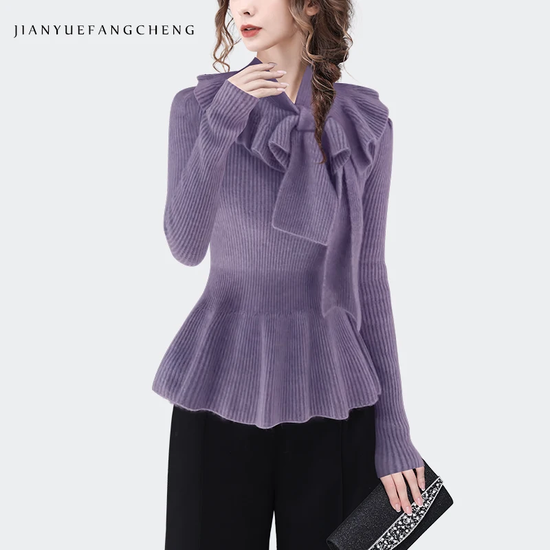 2023 Autumn/Winter Knitted Top, Female Celebrity Gentle Pullover Warm Inner Sweater Waist Wrapped Cute Bow, Western Wool Sweater