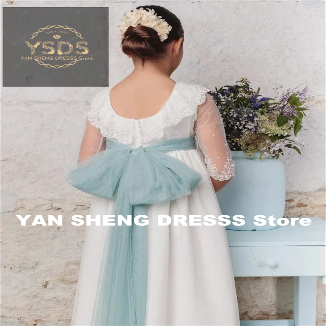 White Lace Appliques With Bow Ribbon Half Sleeves For Wedding Birthday Party Banquet Princess Gowns Flower Girl Dresses