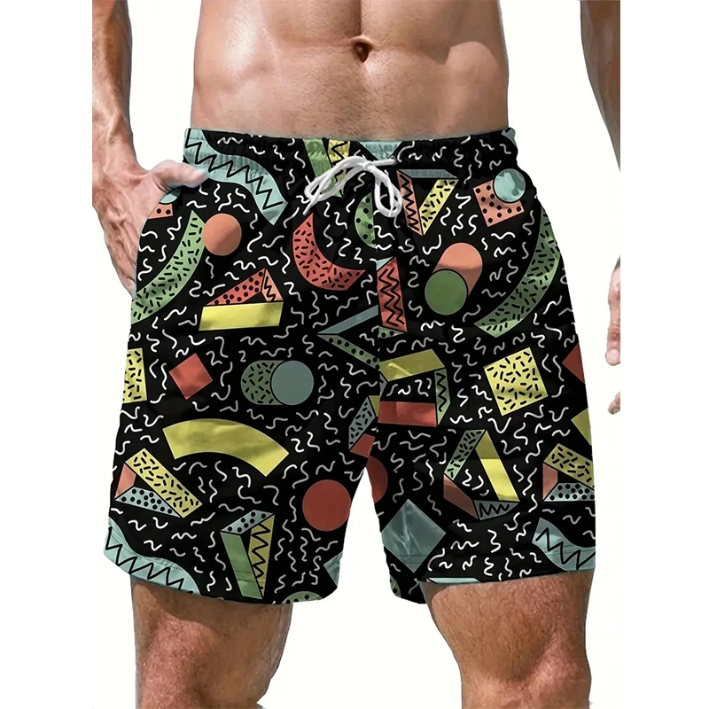 Casual Adult Men's Geometric 3D Printed Fun Drawstring Sports Shorts for Summer Fashion, Skateboard Shorts, Streetwear Style