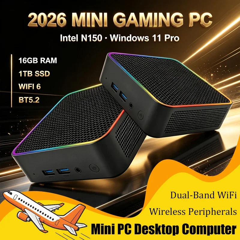 Intel Core N150 RGB Gaming Mini PC Windows 11 Pro 16GB RAM 1TB SSD WiFi6 BT5.2 Compact Desktop Computer For Home Office