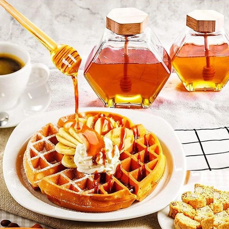 New Hexagonal Glass Honey Bottle With Wooden Honey Pot Stirring Rod Sealing Clear Jam Jar Kitchen Home Storage 100ML/220ML/380ML