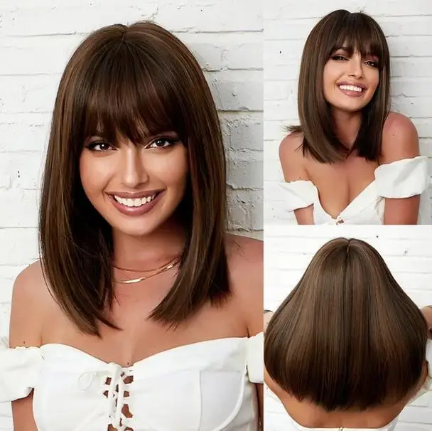 

Cheap Wigs Brown Synthetic Wigs Medium Length Straight Wig with Bangs Hair for Black Women Daily Cosplay Use Heat Resistant