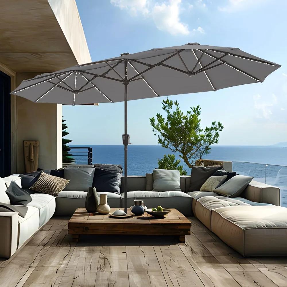 

Зонт для патио 13 футов с 120 светодиодами, меняющими цвет на солнечной батарее, большой прямоугольный зонт с тремя головками для улицы