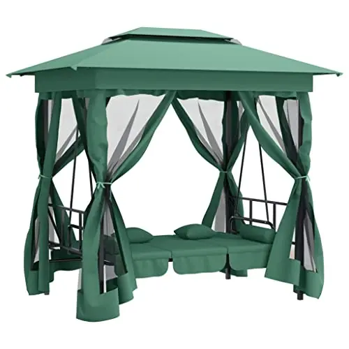 

*qGarden Gazebo with Convertible Swing Bench Hanging Outdoor Swing Chair Set Metal Teslin Frame Waterproof Cushion for Summer