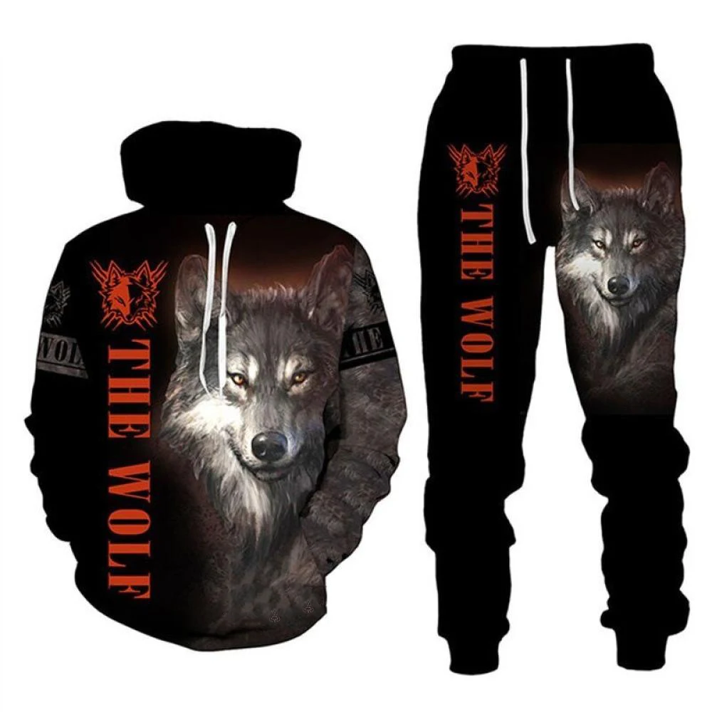 Lobo animal impressão 3d hoodies calças conjunto masculino outono moletom moletom rua sportwear duas peças ternos agasalho homem roupas