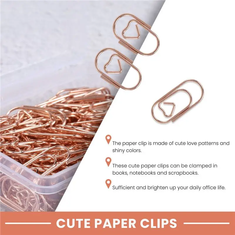 feelfeel 150 Pieces Rose Gold Cute Paper Clips Mini Clips Heart Shaped Paperclips Bookmark Clips for Office Supplier School