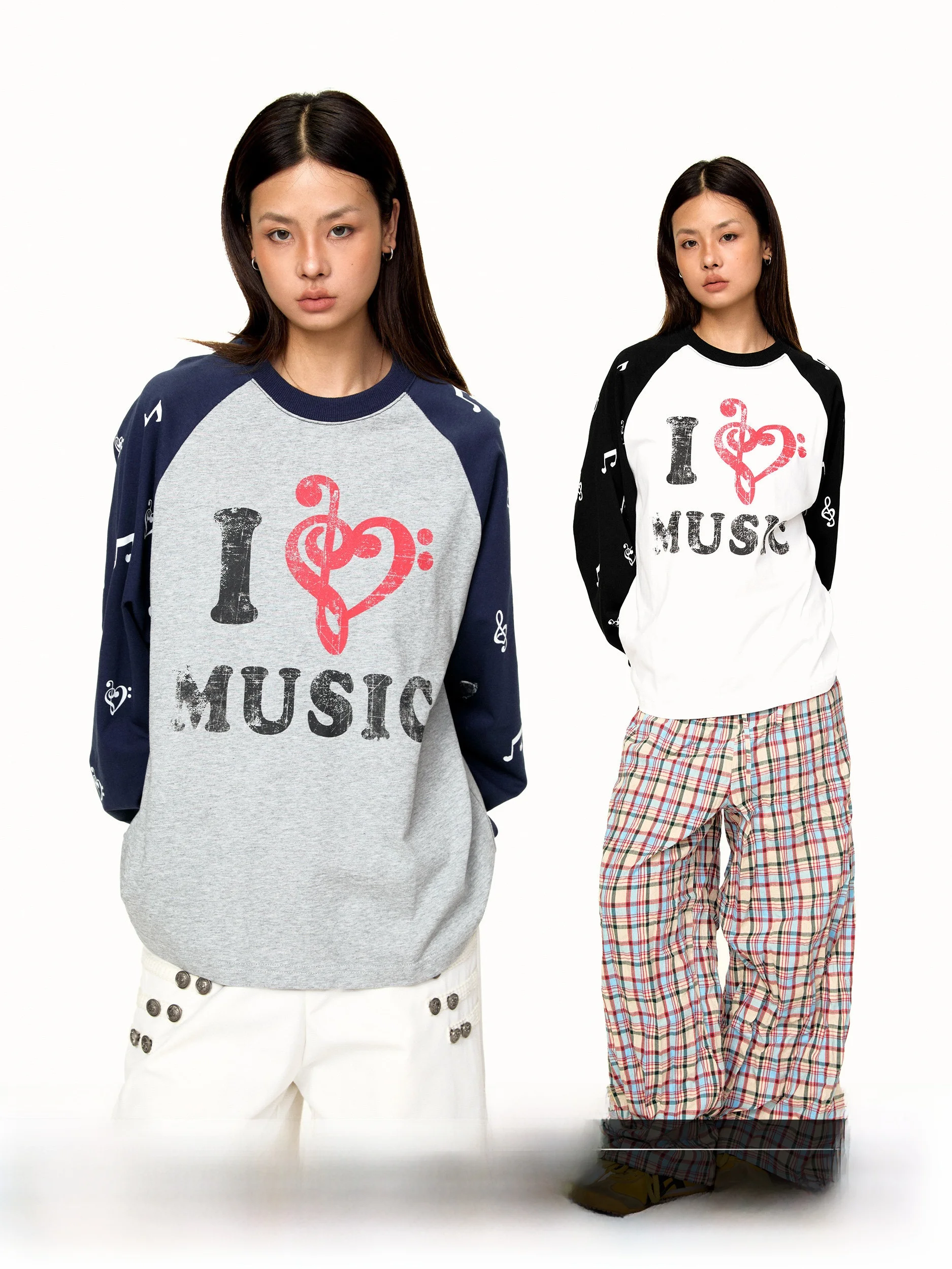 Love Note Print Splice round Neck Long Sleeve T-Shirt Autumn Color Collision Base Shirt Top Casual Style Loose Fit Cotton