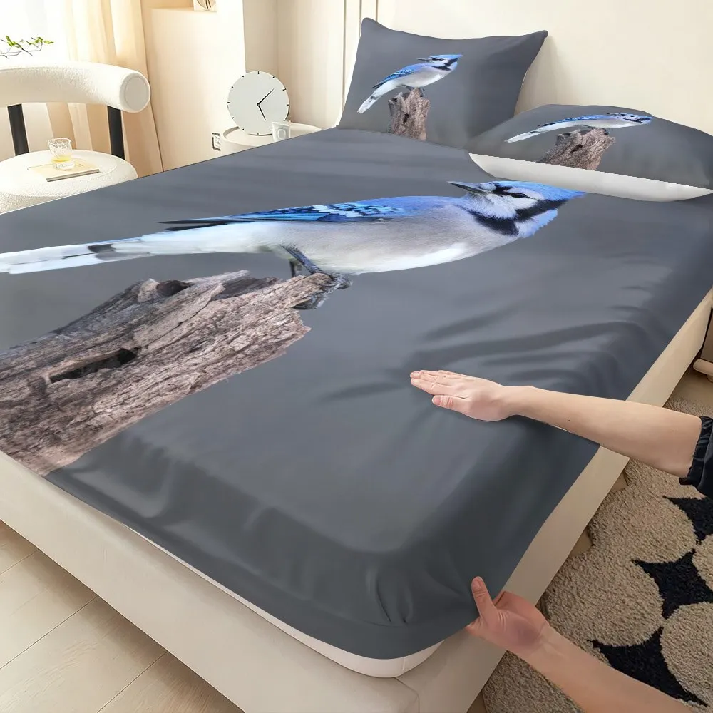 Blue Thrush Bird-Themed Bed Sheet Set, Printed Fitted Sheet, Mattress Protector, Breathable Polyester Material (Includes 1 Fitted Sheet + 2 Pillowcases), Fitted Elastic Mattress Protector, Fitted Sheet Style, Protective Cover, Mattress Protector, Fitted Sheet Bedding, Christmas-Themed Bedding, Baby Bedding, Suitable for Nursery Room