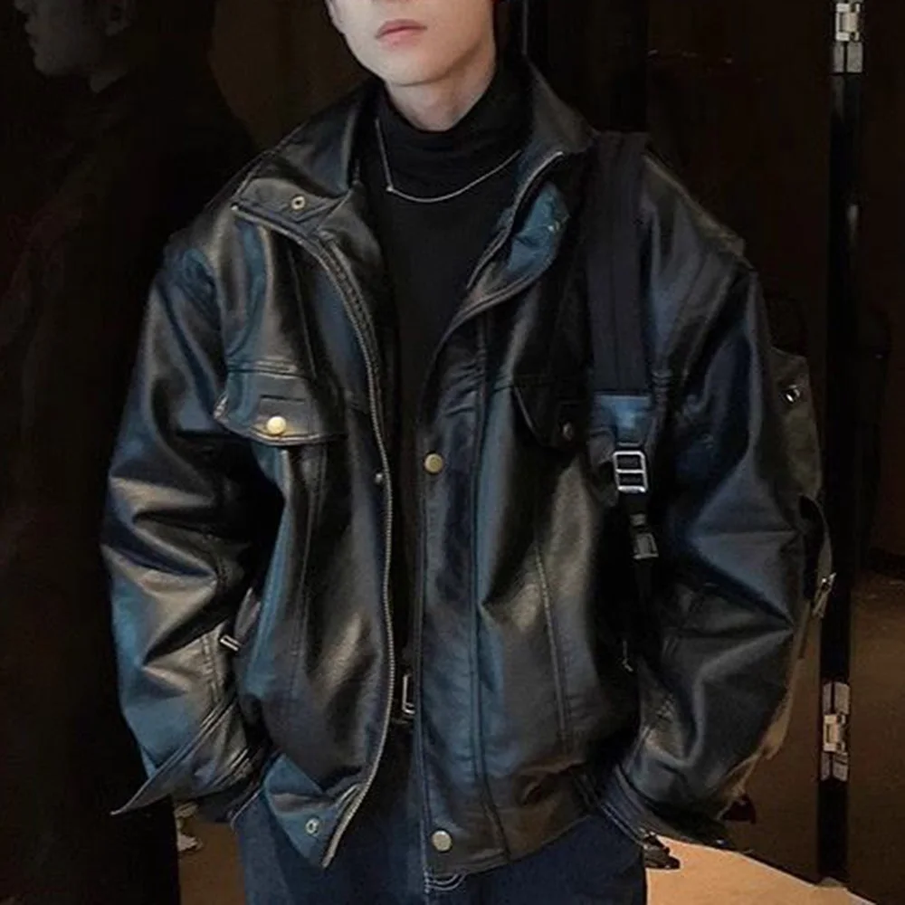 

Мужская куртка из искусственной кожи, мотоциклетная куртка из искусственной кожи в стиле панк, осенняя рок-рабочая одежда, трендовая уличная одежда, трендовая куртка из искусственной кожи, мужская одежда 2024