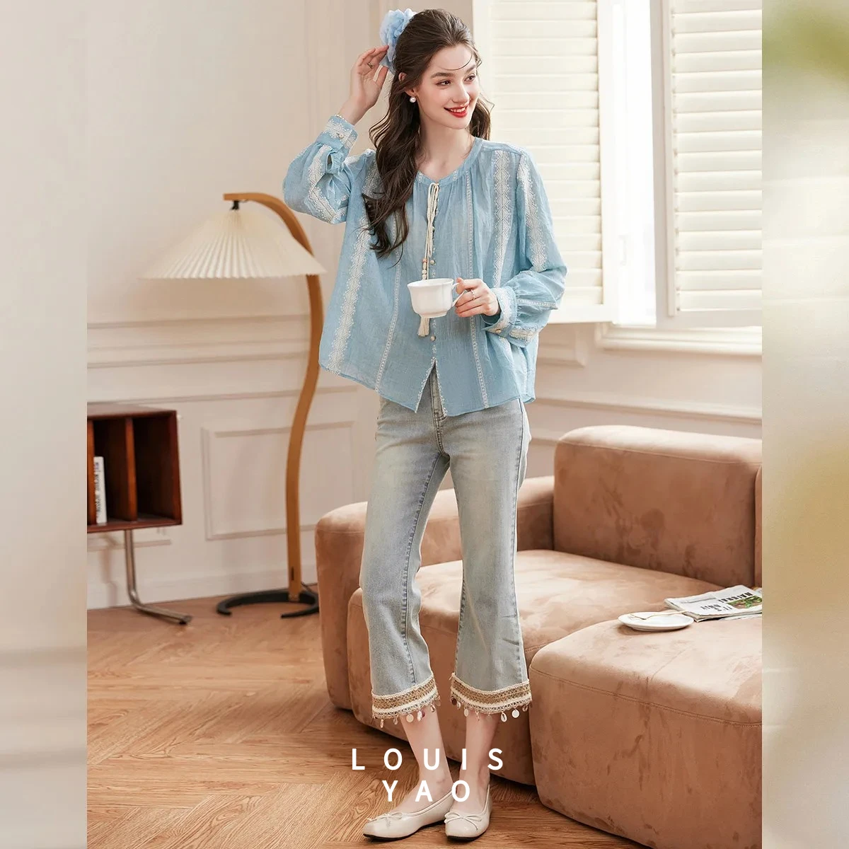

LOUISYAO Women's Blouse 2026 Spring Autumn Retro Color Block Embroidery Lace Up Round Neck Long Sleeve Loose Casual Shirt