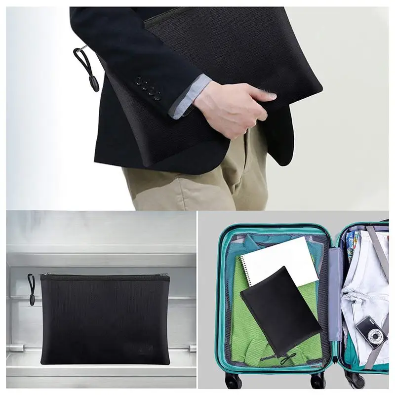 Multi-size ID Card Storage Bag With Zipper Fireproof & Waterproof Bag Small Size For Certificates Money Cards(black,silver) 1PC